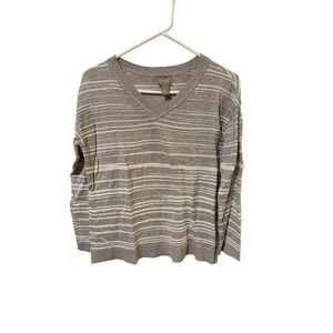 Chicos Size 1 Medium V-Neck Textured Stripe Sweater Taupe White Cotton Blend